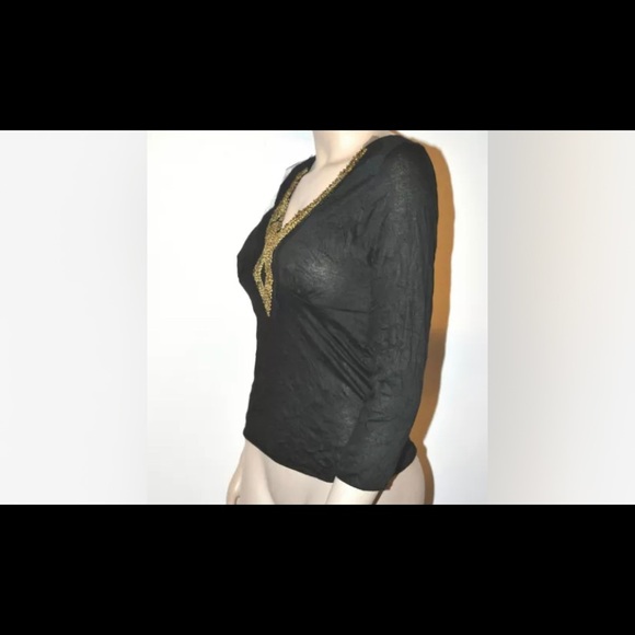 V2K Black Crinkled Gold Sequin Diamond Patch 3/4 Sleeved Cleavage Top Glam 2000 - Picture 5 of 6